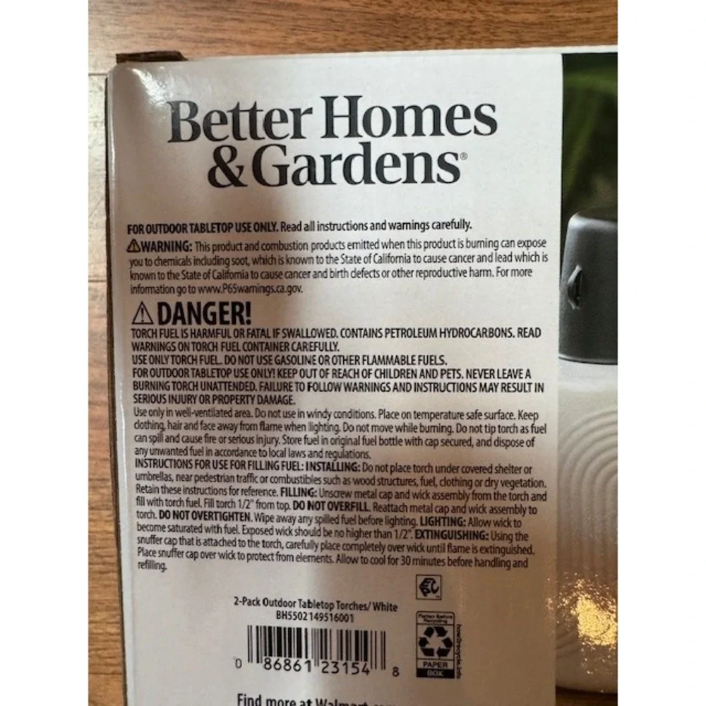 NEW Better Homes & Gardens Outdoor Tabletop Torches Patio Porch White Set of Two